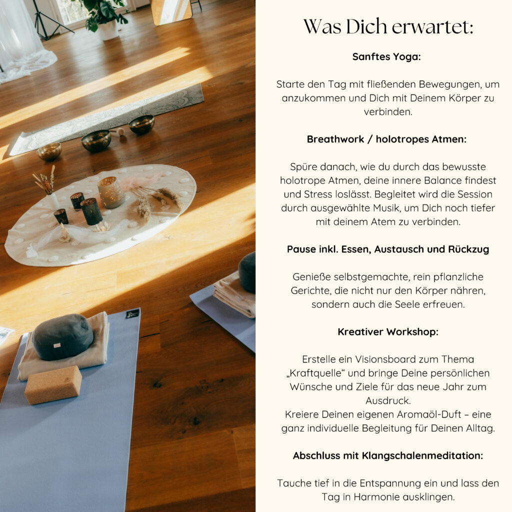 Details eines Yoga-Workshops mit Meditation und Atemübungen